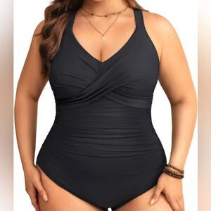 Aqua Eve Black Retro One Piece Full Coverage Tummy Control Swimsuit Size 22W